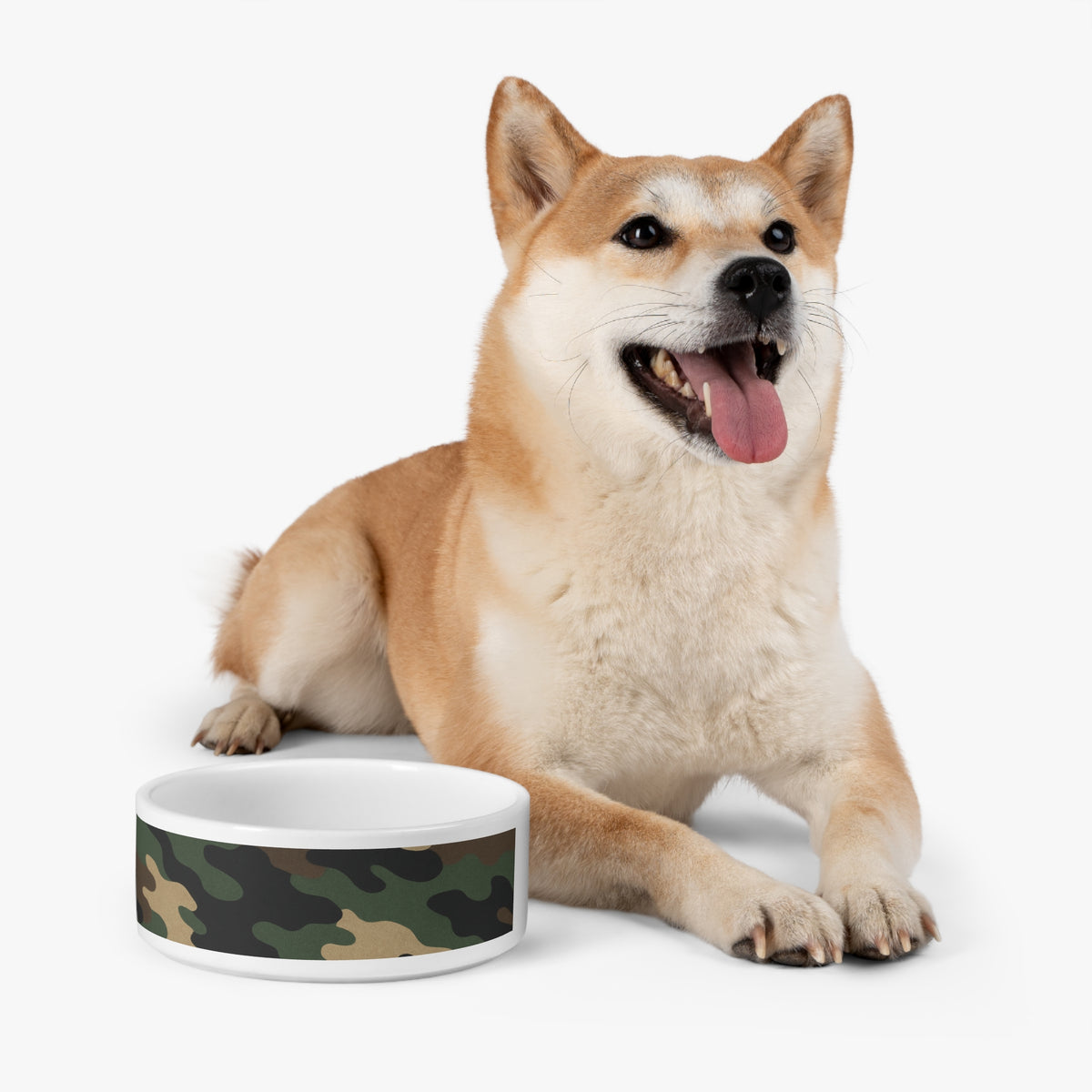 Military green camouflage pet bowl for dogs and cats, made by Printify, featuring a camouflage pattern and durable design.