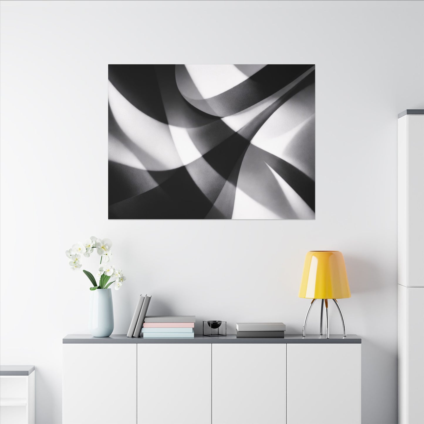 Abstract black and white swirl matte canvas print by Printify, featuring flowing, artistic ink designs on a textured canvas surface.