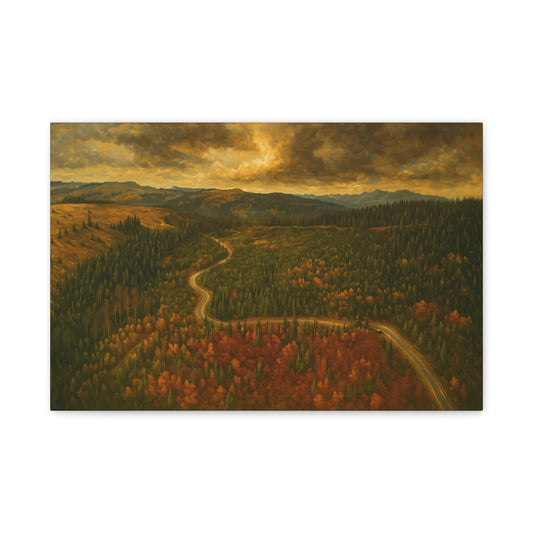 Autumn Ridge Road matte stretched canvas featuring a moody forest landscape wall art by Printify.