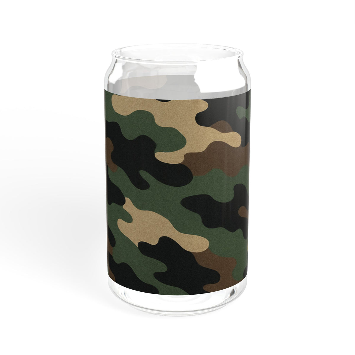 Camo Sipper Glass 16oz by Printify, eco-friendly camping glassware with camo design, suitable for outdoor drinking.