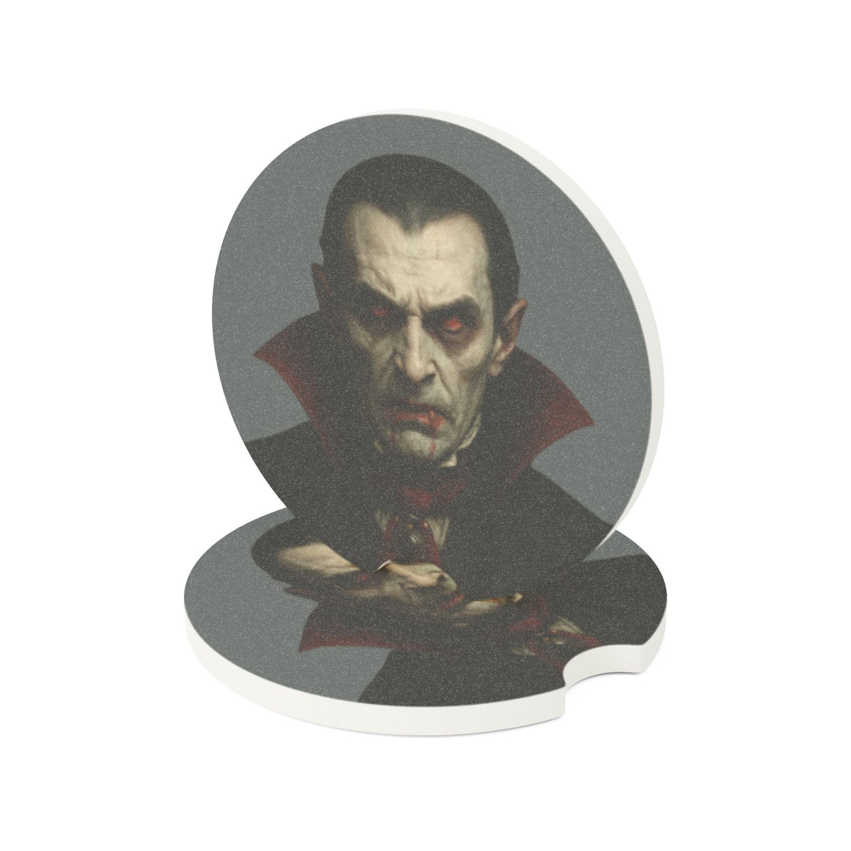 Soapstone Vampire Dracula car coaster featuring a detailed vampire design, designed to hold drinks in your vehicle.
