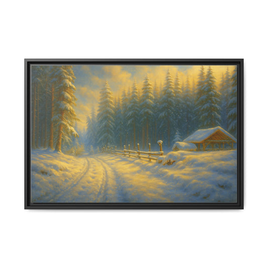 Framed winter cabin canvas print featuring a snowy forest sunset, wall art with a cozy mountain scene by Printify.