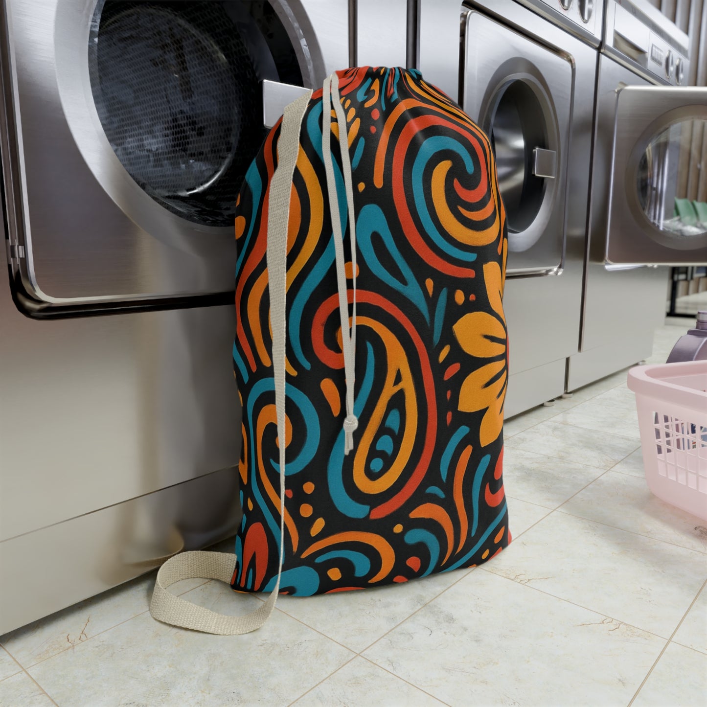 Retro floral swirl laundry bag with boho flower design, drawstring closure, made by Printify, ideal for laundry organization.