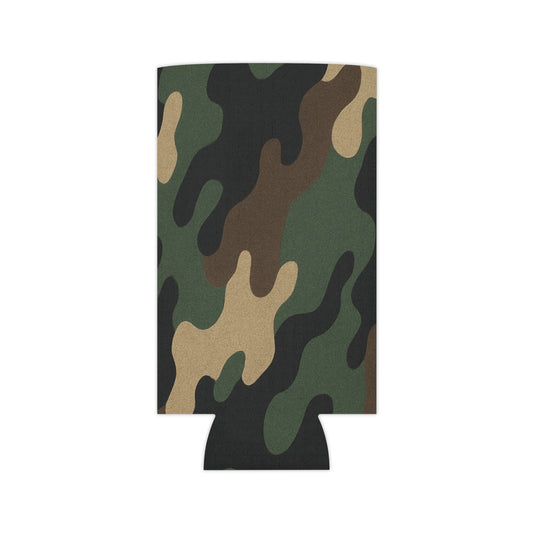 Camouflage insulated beverage holder can cooler by Printify, featuring a camo pattern and convenient insulator for drinks.
