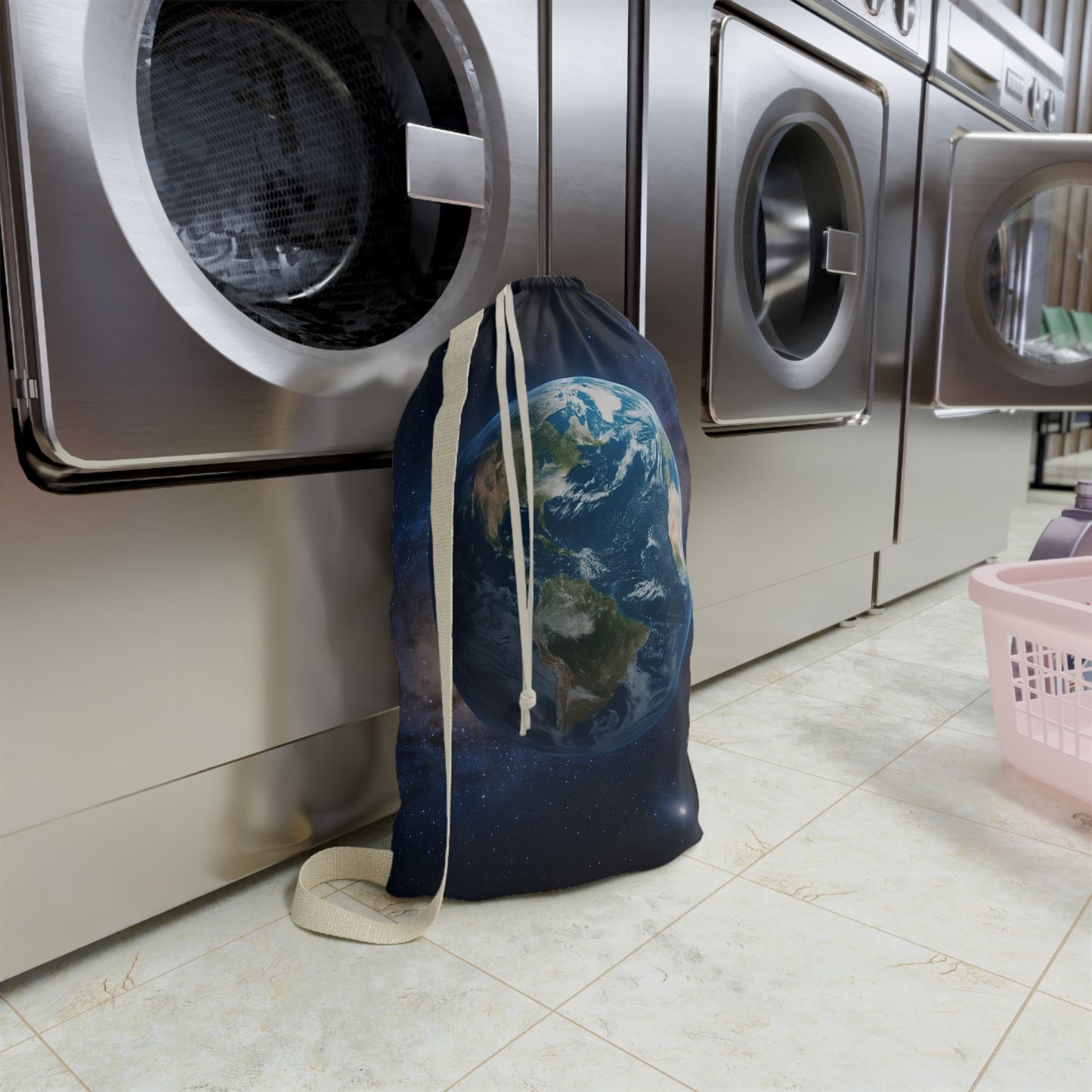 Earth globe laundry bag with planet space print, drawstring canvas pouch for laundry storage and organization.