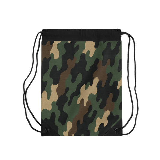 Green woodland camo drawstring bag with black straps, lightweight gym sack, ideal for sports or casual use, by Printify.