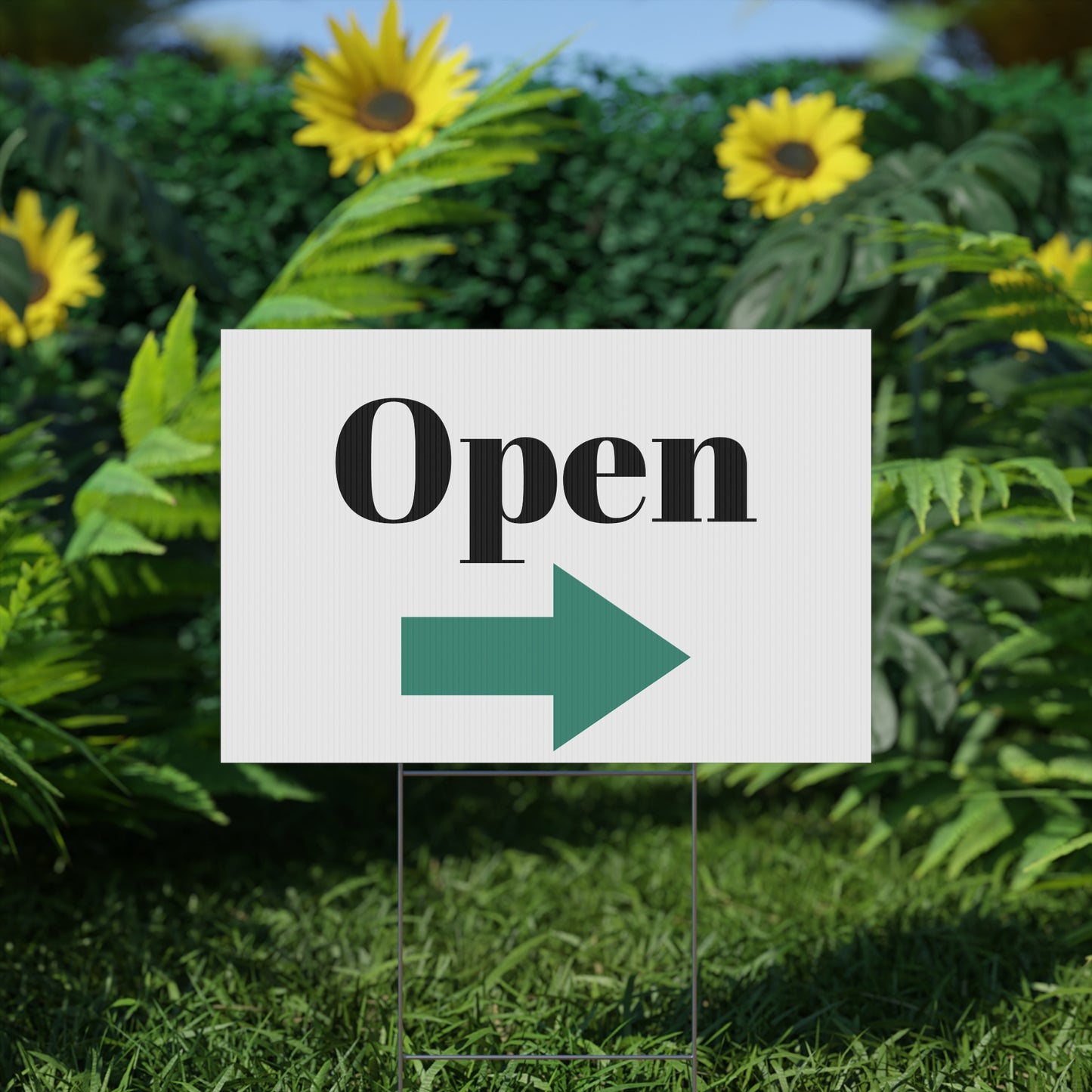 Printify open for business garden flag used as outdoor storefront signage, featuring bold text and vibrant colors.