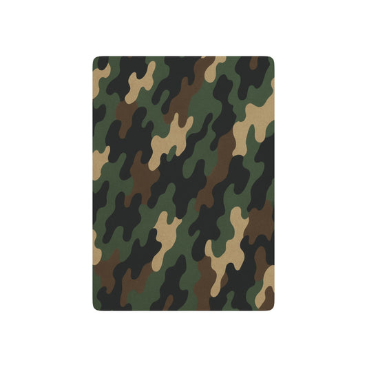Military green camouflage poker playing cards in a casino-style set, featuring Printify branding and paper card design.