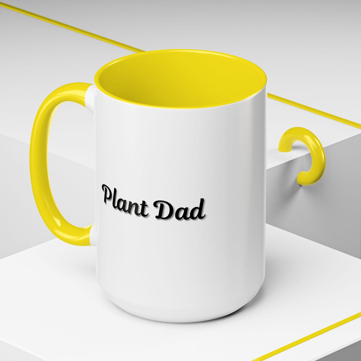 Black-handle Plant Dad coffee mug featuring plant-themed design, perfect for plant lovers, available in 11oz and 15oz sizes.