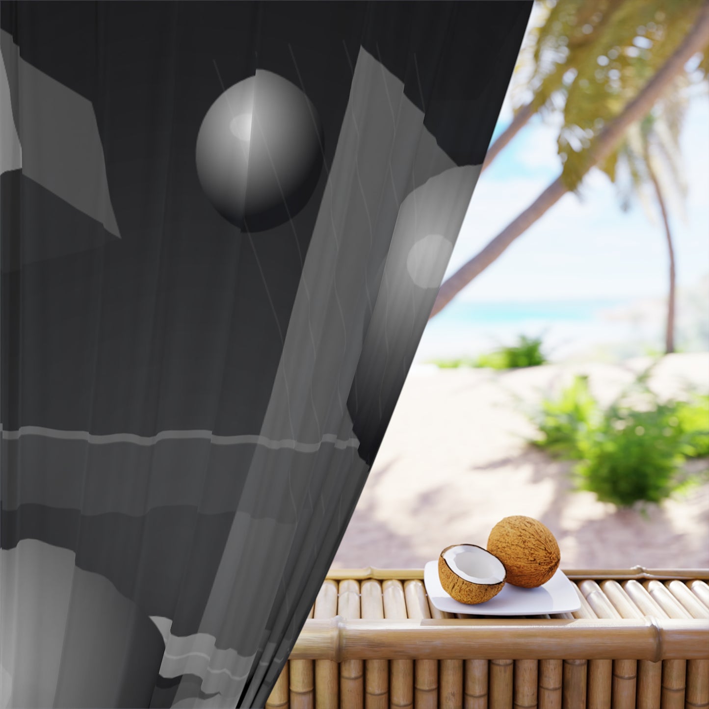 Modern black and gray abstract geometric spheres design on Printify curtains, showcasing stylish window treatment with contemporary pattern.