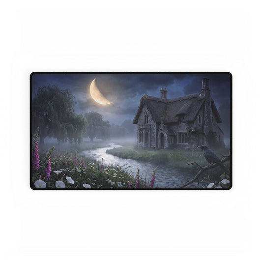 Moonlit cottage desk mat featuring night cottage artwork with river and raven, ideal for office or workspace decoration.