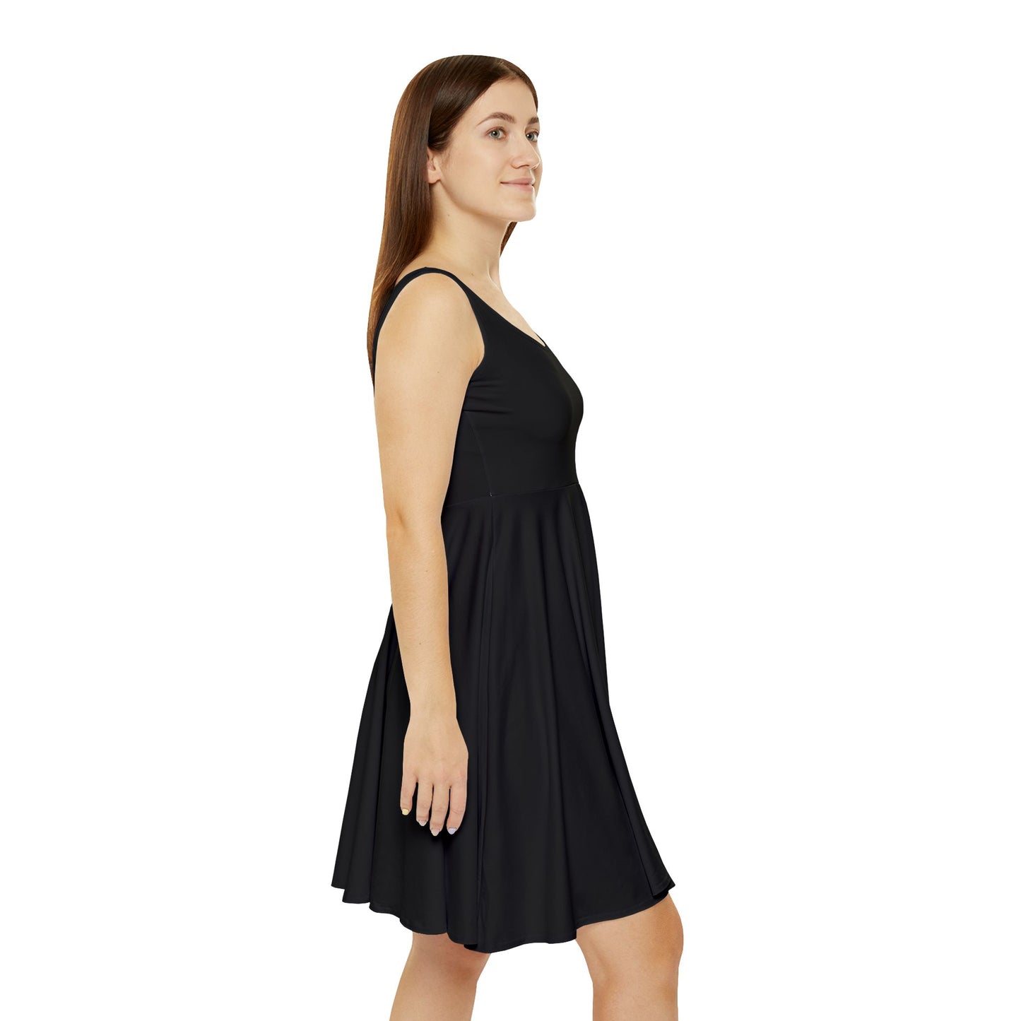 Women's black skater dress with all-over print, sleeveless A-line design by Printify, shown on a hanger.