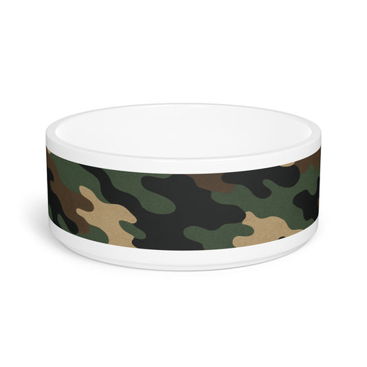 Military green camouflage pet bowl for dogs and cats with printify branding, suitable for feeding pets in a camo design style.