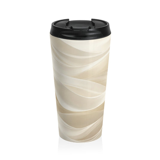 Beige swirl stainless steel travel mug with abstract wave design, durable Printify tumbler for hot and cold beverages.