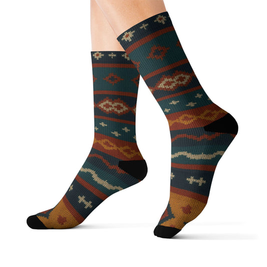 Southwestern Aztec pattern socks with tribal geometric print, all-over design by Printify, featuring vibrant, detailed motifs.