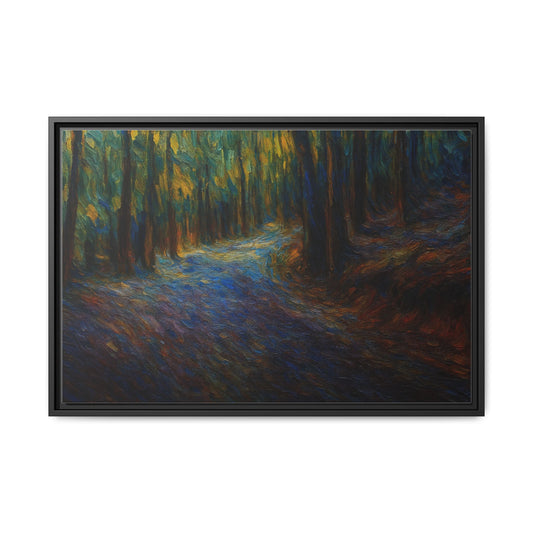 Framed matte canvas wall art featuring an impressionist forest path with moody multi-color tones, by Printify.