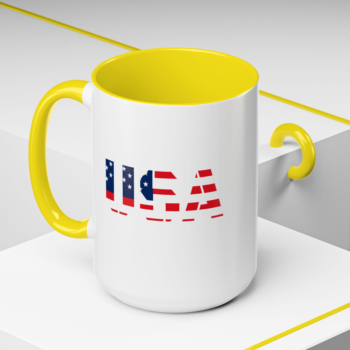 USA flag accent ceramic coffee mug with patriotic design, 11oz or 15oz size, by Printify, featuring a bold flag pattern.