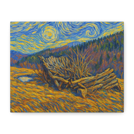 Impressionist Starry Landscape canvas print by Printify featuring a vibrant night sky with stars and a scenic landscape.