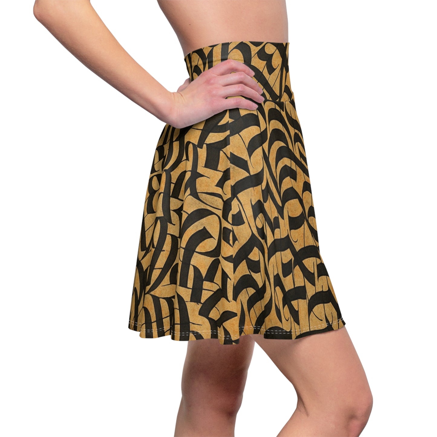 Gold and black calligraphy print skater skirt with boho festival style, featuring all-over artistic design by Printify.