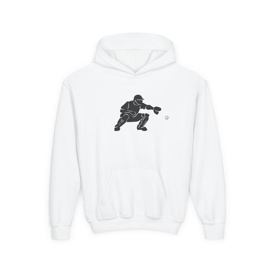 Youth Baseball Catcher Hoodie for kids by Printify, comfortable sweatshirt with sports-themed design for young athletes.