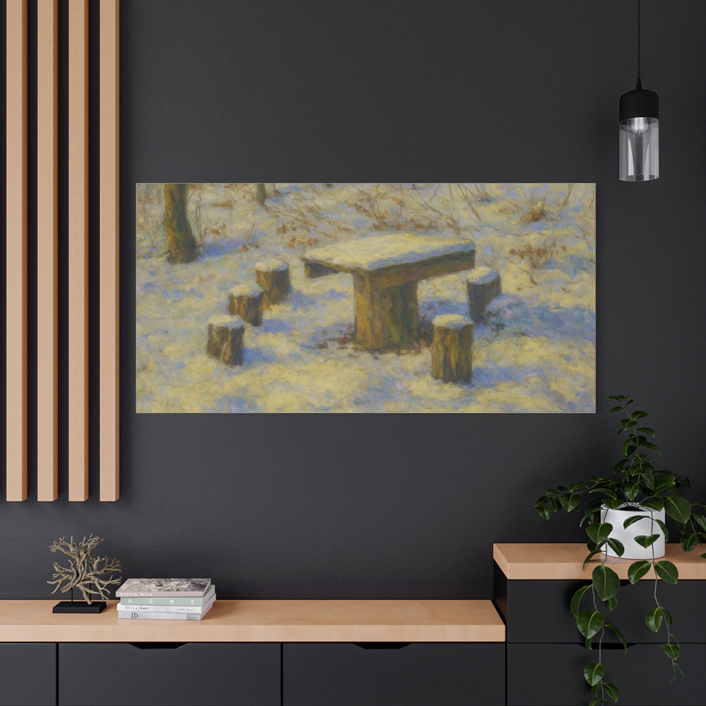 Snowy forest winter landscape canvas wall art by Printify, matte stretched print featuring snow-covered trees and a serene winter scene.