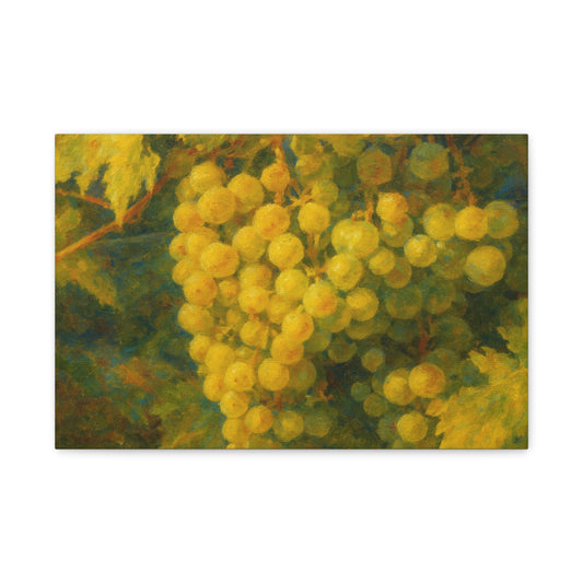 Yellow grape cluster canvas print by Printify featuring vibrant yellow grapes hanging in a cluster on a textured canvas background.