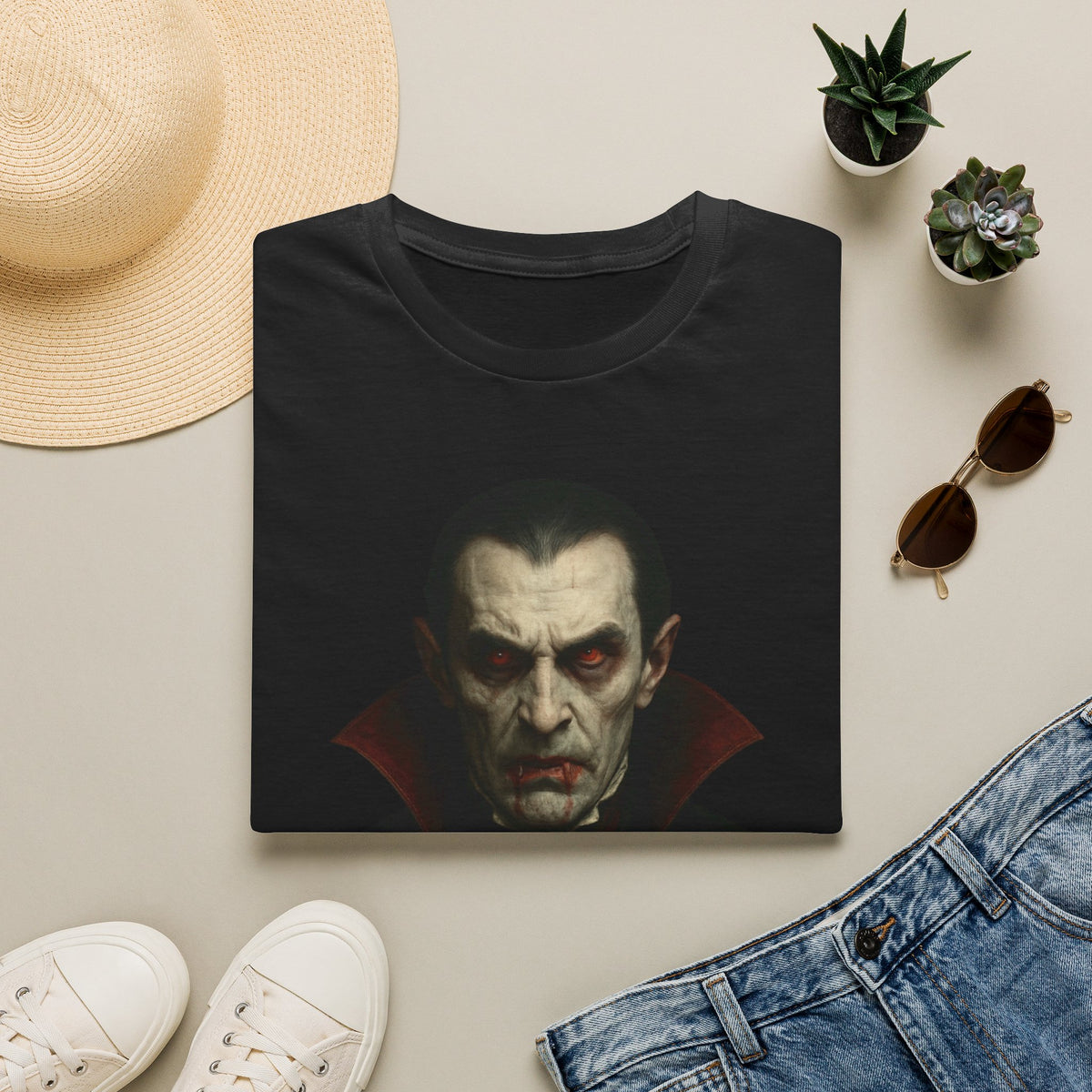 Black vampire portrait T-shirt featuring a gothic Dracula horror design, casual printify gothic vampire tee for fans of horror fashion.