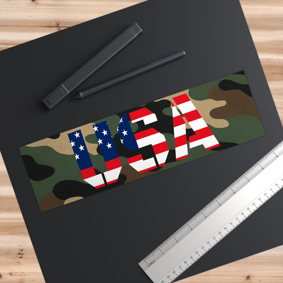 USA flag camo bumper sticker featuring patriotic military camouflage design on paper decal.