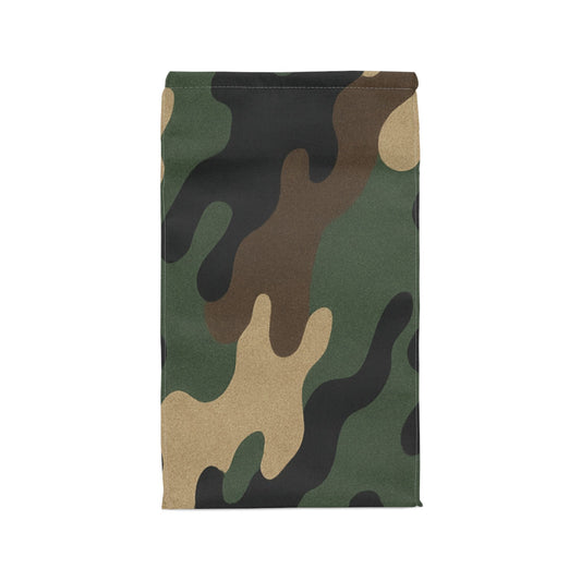 Camo insulated lunch bag by Printify, stylish eco-friendly tote with camouflage pattern, ideal for school, work, or outdoor picnics.