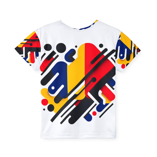 Colorful kids sports jersey with all-over print, featuring vibrant athletic design, ideal for young athletes.