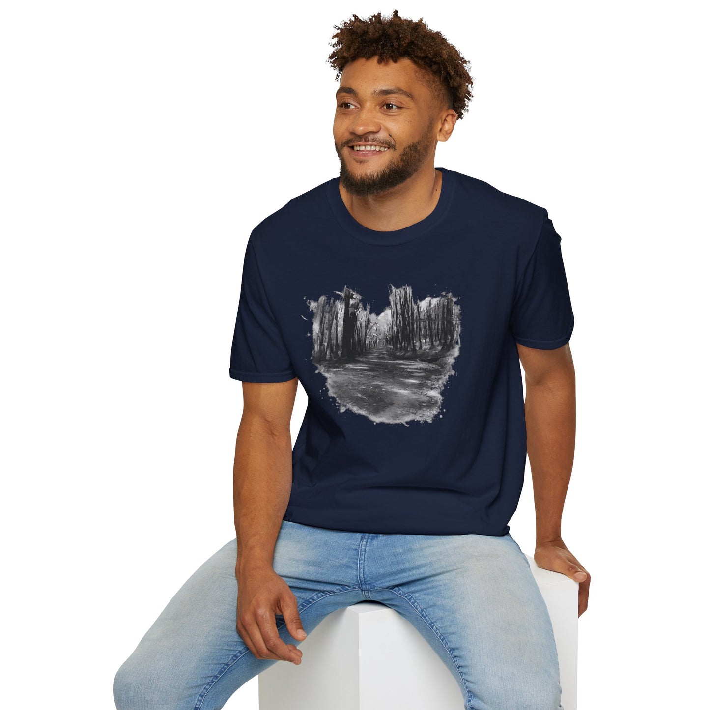 Black and white nature-inspired print T-shirt by Printify, cozy autumn outdoor style for casual wear.