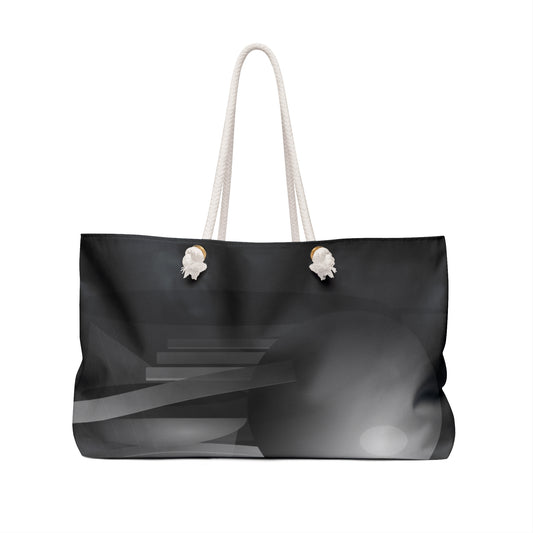 Black and gray monochrome geometric spheres print on a stylish weekender bag with tote handles by Printify.