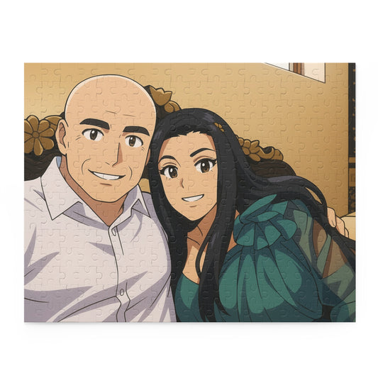 Custom anime couple portrait puzzle with 120, 252, or 500 pieces, featuring vibrant, detailed artwork perfect for fans and collectors.
