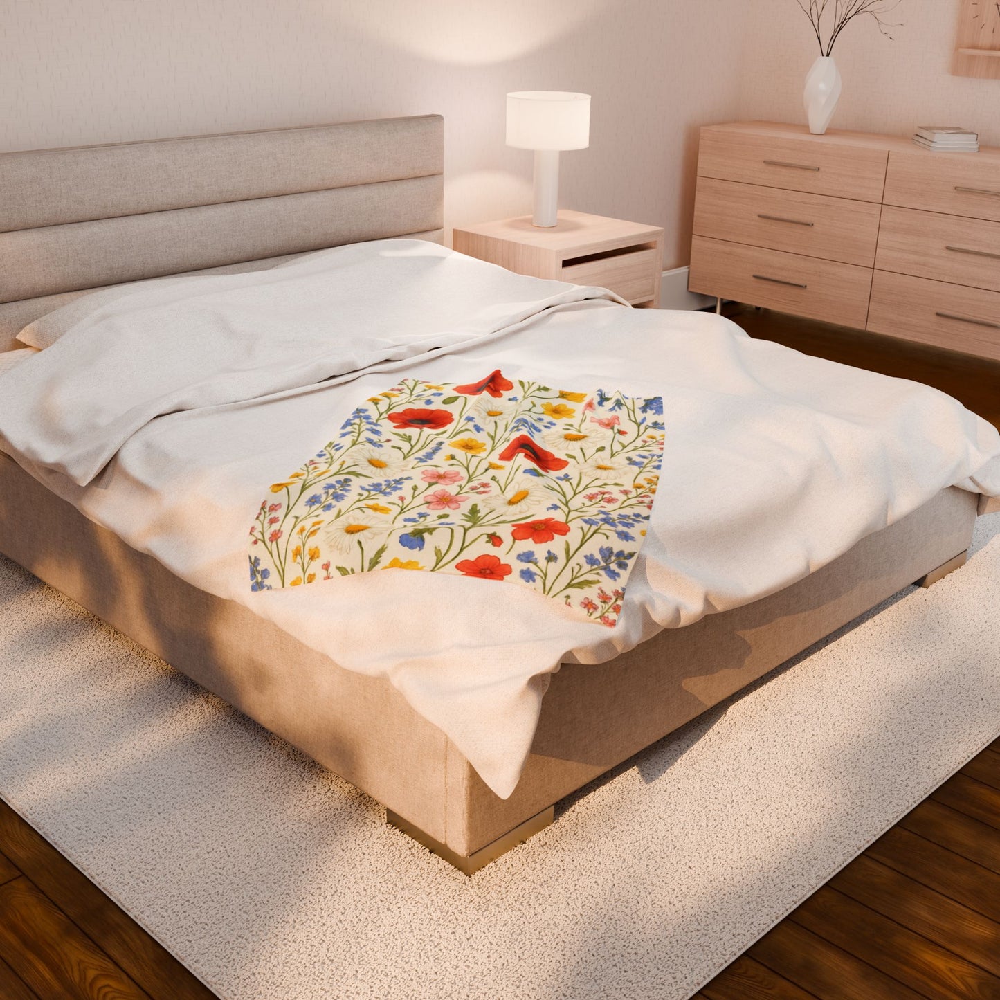 Wildflower Meadow Velveteen Plush Blanket | Poppy Daisy Floral Throw - TRV