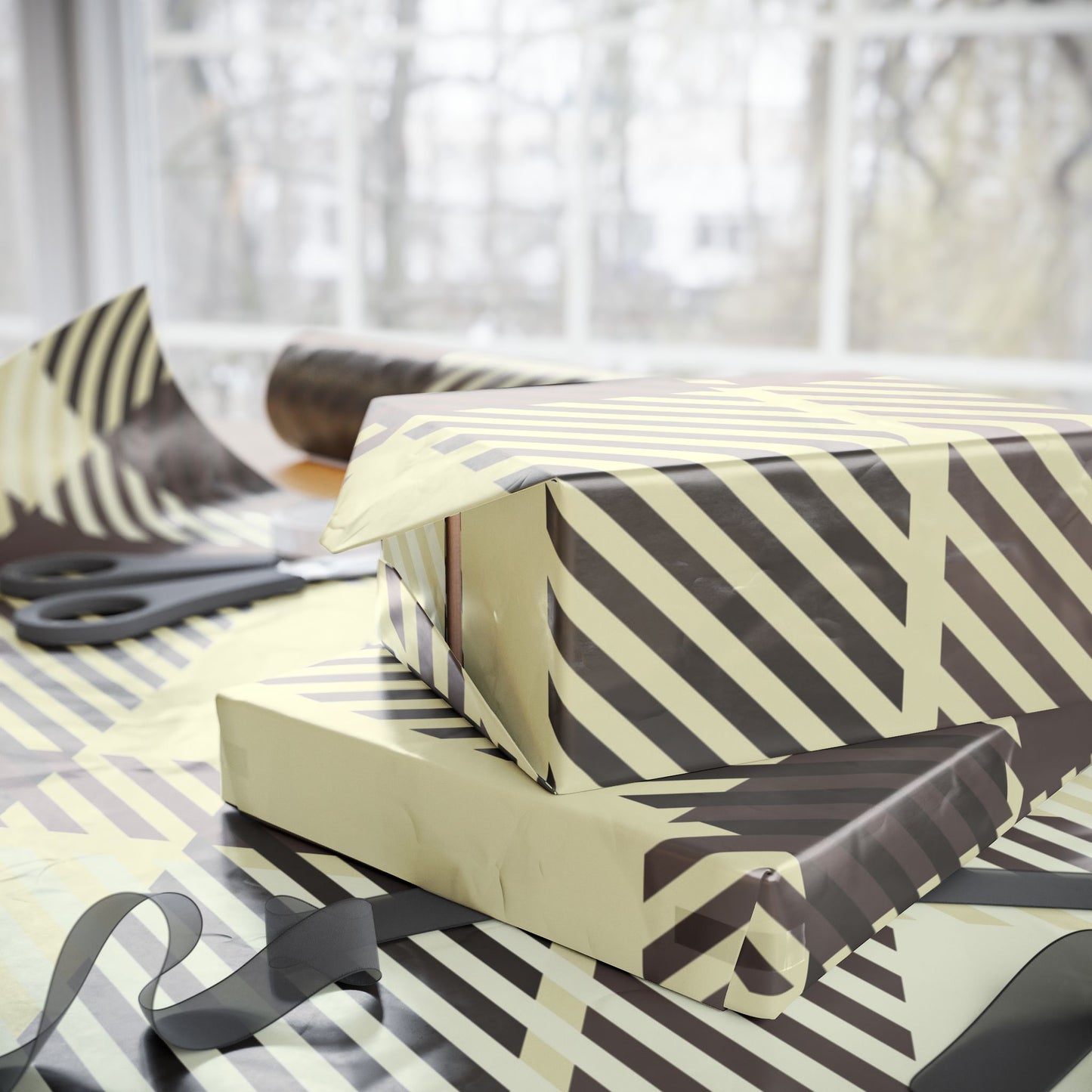 Plaid Stripe Wrapping Paper Roll — Neutral Black & Cream Gift Wrap