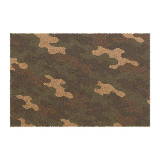 Rustic military-style camo doormat with "Welcome" message, ideal for veterans and military-themed home decor.