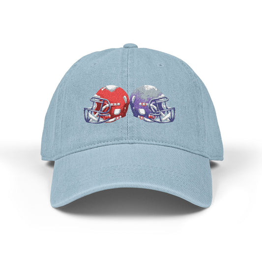 Red and blue embroidered football helmet denim hat with team cap design, stylish and casual headwear by Printify.