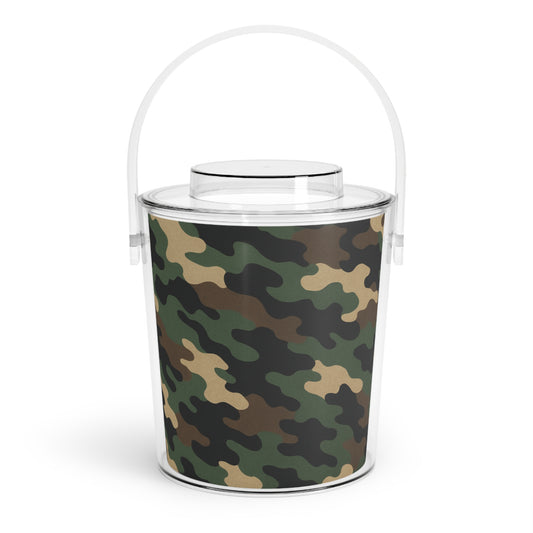 Camouflage ice bucket with tongs, stylish BBQ accessory from Printify, ideal for wine lovers and outdoor gatherings.