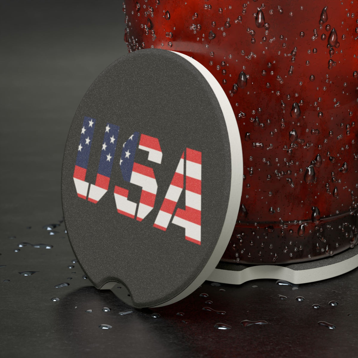 USA flag soapstone car coaster featuring patriotic design, perfect as a drink holder for cars, by Printify.