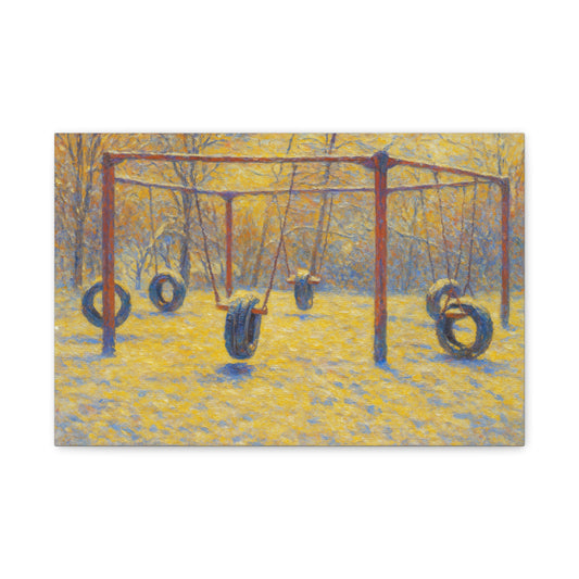 Matte stretched canvas wall art of a tire swing playground scene, ideal for children's room decor, by Printify.