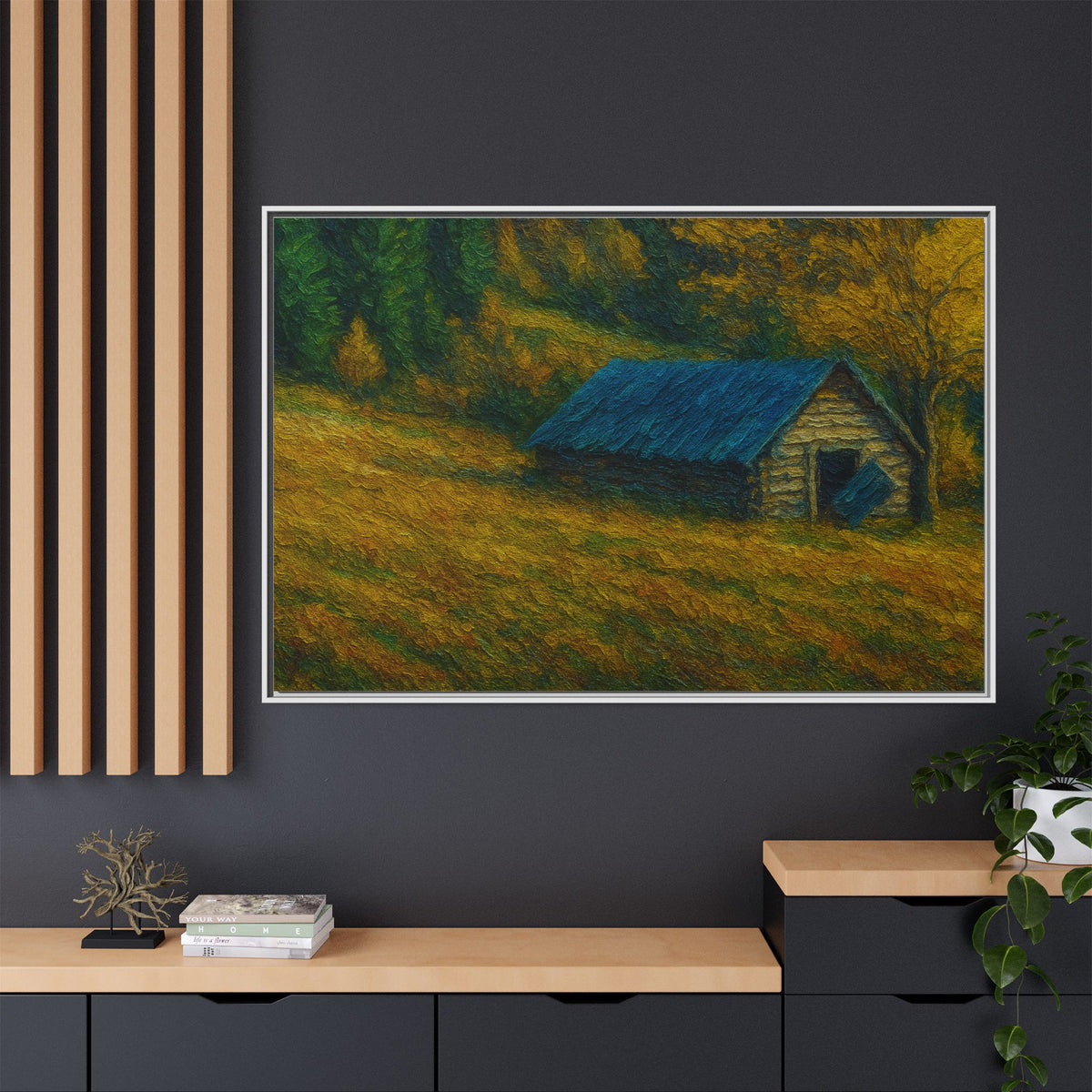 Framed matte canvas wall art featuring a scenic autumn barn landscape, ideal for rustic home decor.