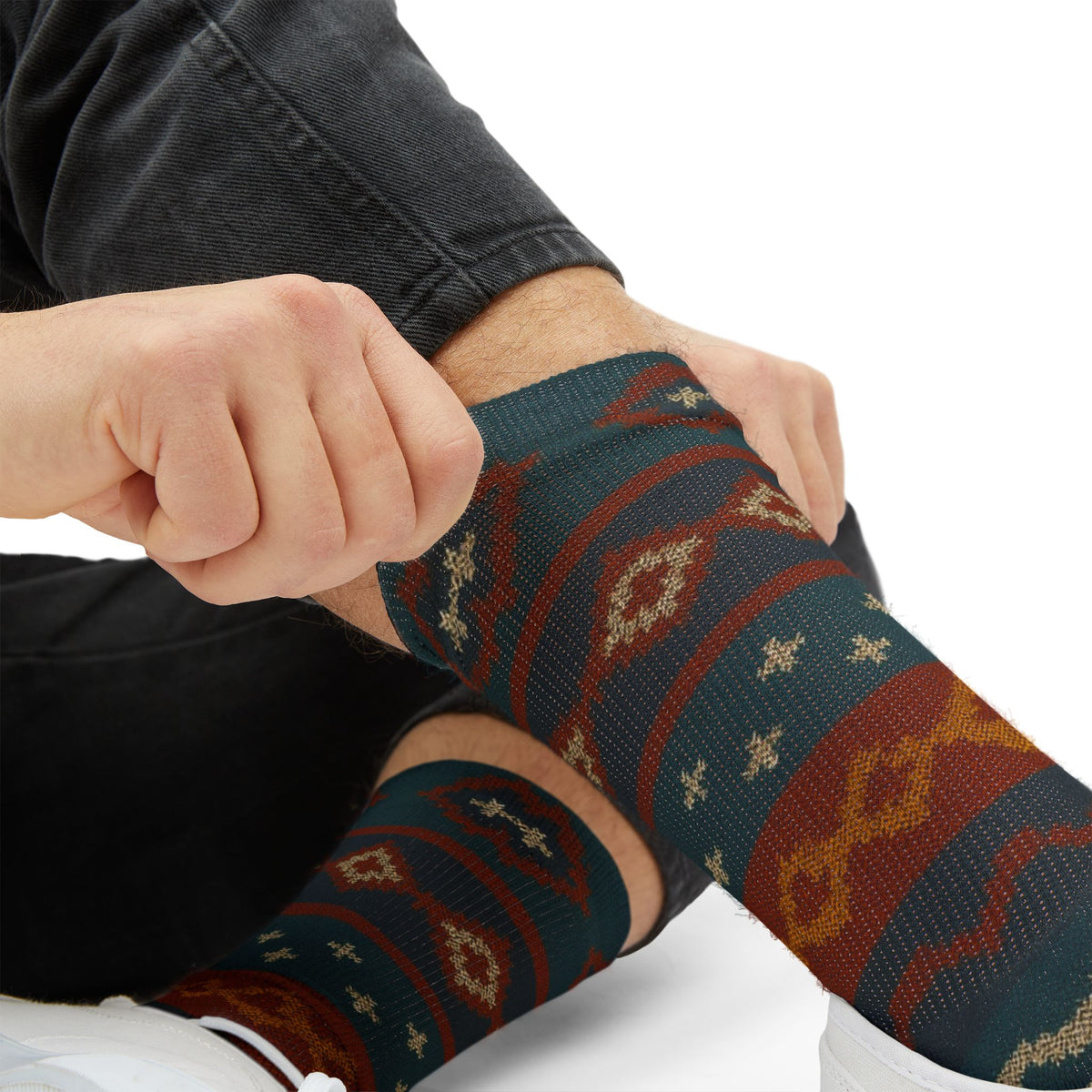 Southwestern Aztec pattern printed socks by Printify featuring tribal geometric all-over print with vibrant colors and intricate design.