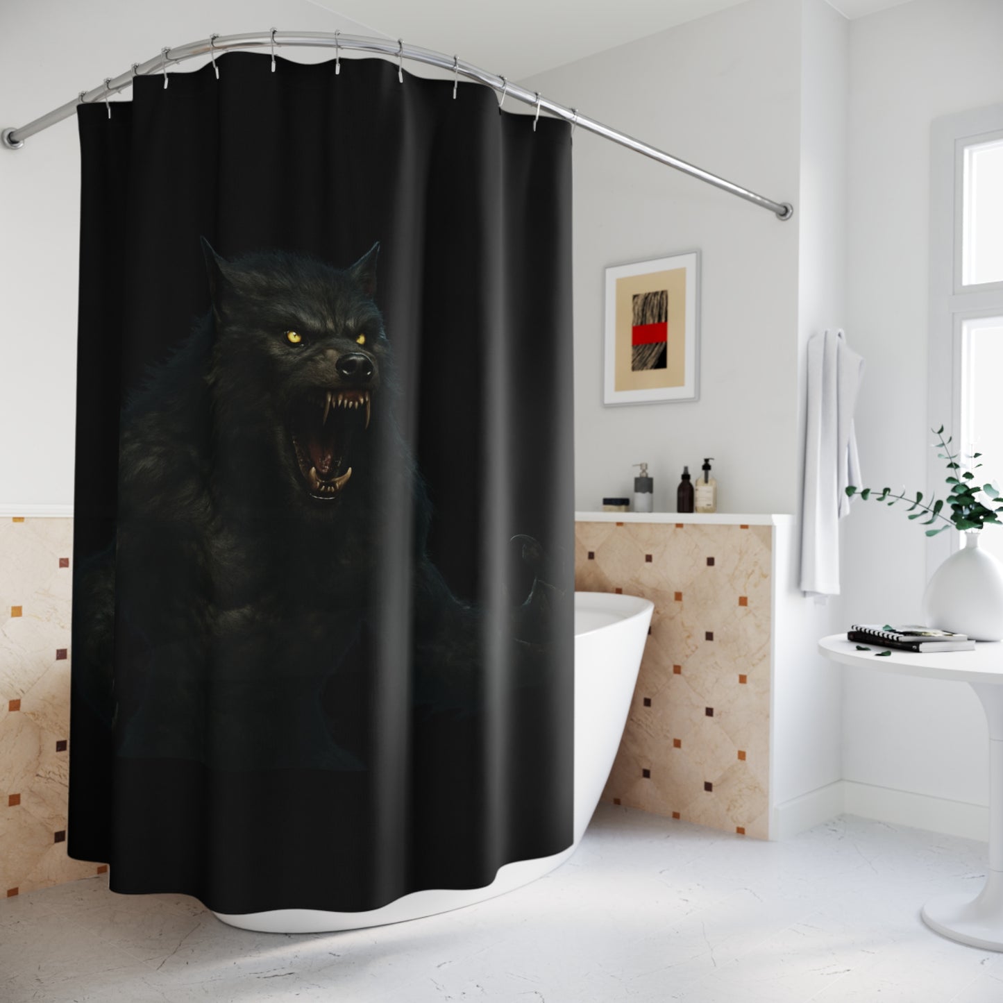 Gothic werewolf-themed shower curtain with moonlit night design, ideal for unique bathroom decor.