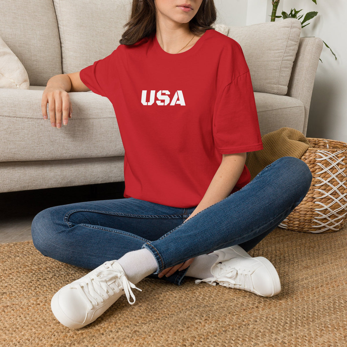 USA graphic T-shirt by Printify featuring bold military stencil patriotic design for 4th of July celebrations.