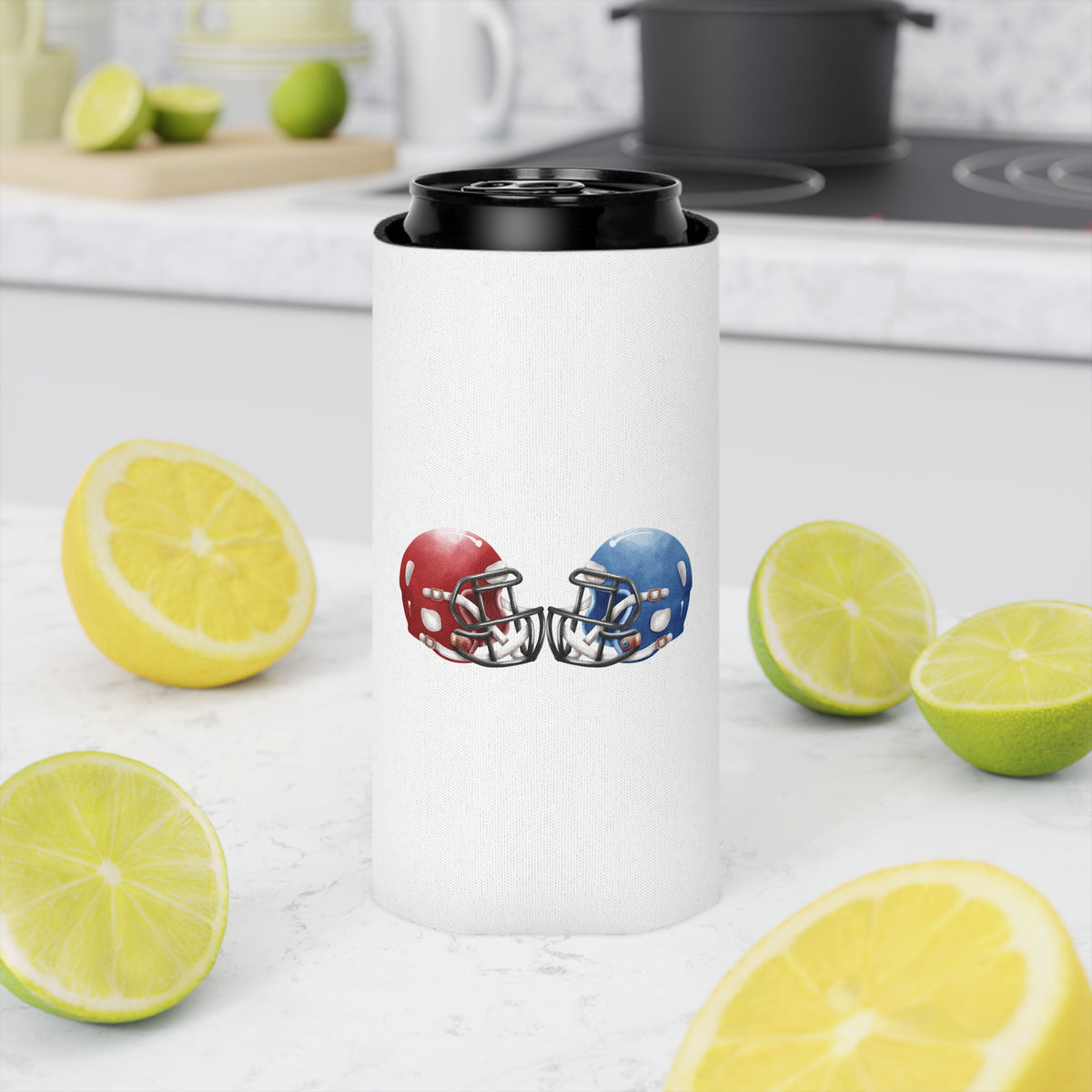 Red and blue football helmet can cooler featuring a rivalry design, perfect for sports fans and game day accessories.