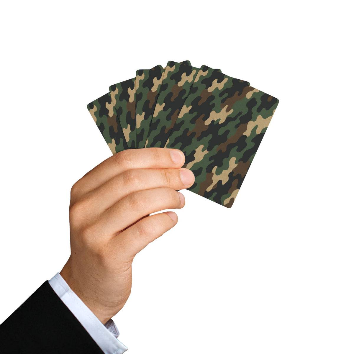 Military green camouflage poker playing cards set with printed deck design, perfect for casino and card game enthusiasts.