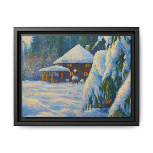 Framed matte canvas wall art of a snowy cabin winter landscape, featuring a cozy cabin in a snow-covered forest scene.
