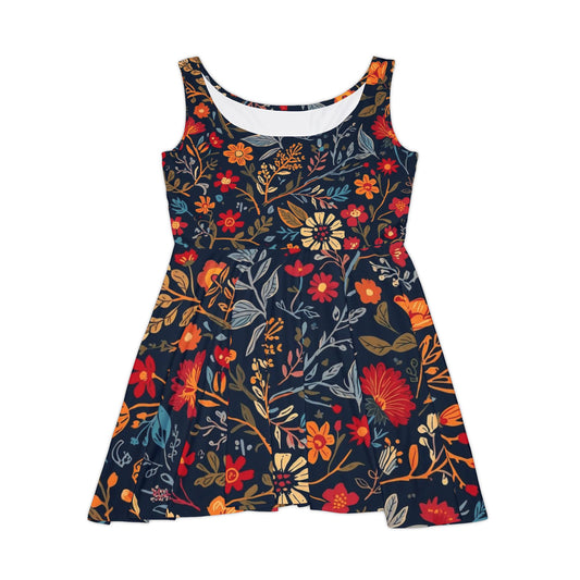 Floral Night Garden skater dress with all-over print by Printify, featuring a fitted bodice and flared skirt on a white background.