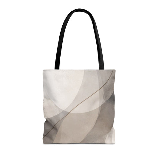 Neutral abstract watercolor waves tote bag with all-over print, featuring a stylish and artistic design on a durable fabric bag.