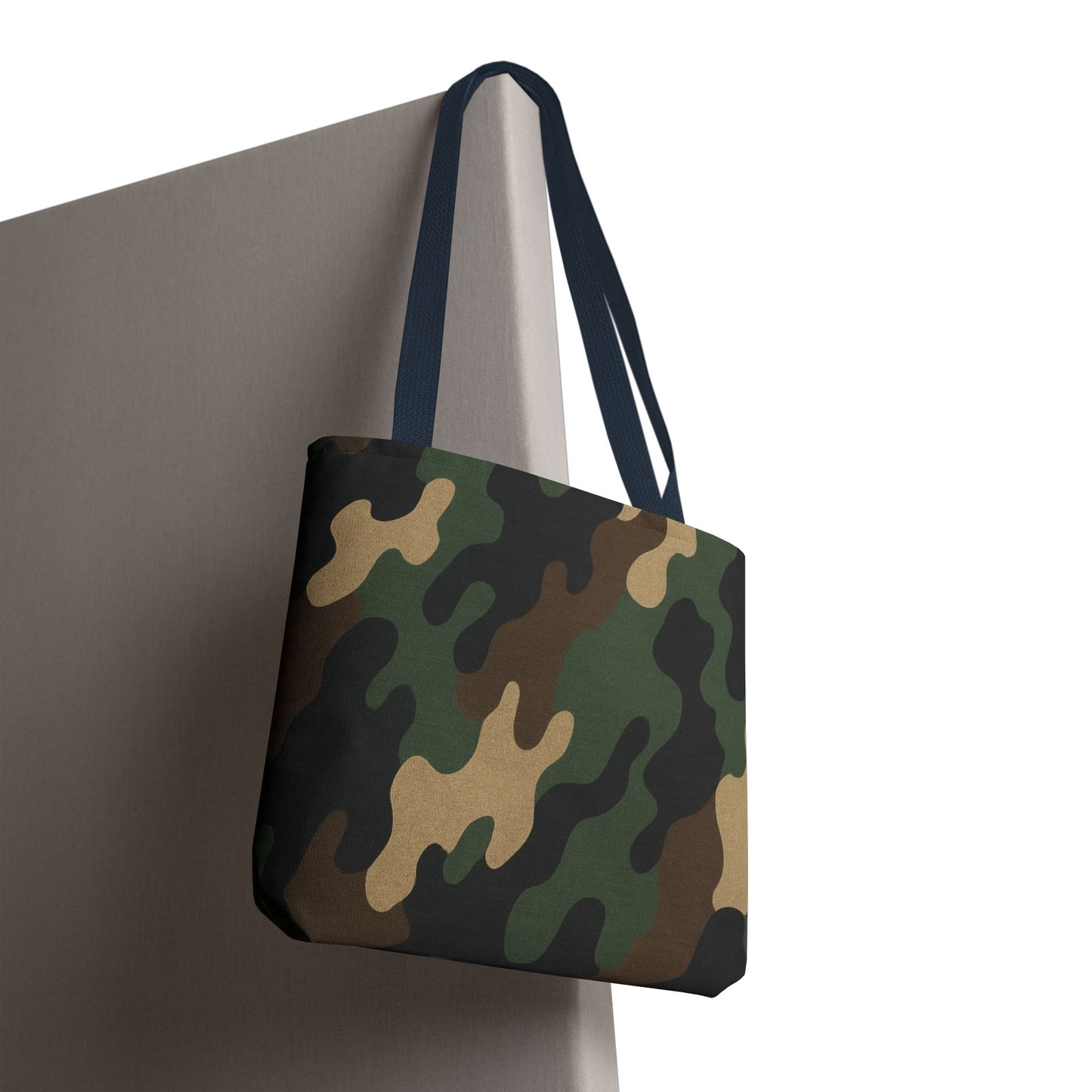 Camo pattern tote bag from Printify featuring an all-over camouflage print on durable canvas with sturdy handles.